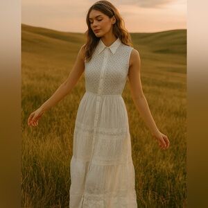 Magic White Eyelet Maxi Dress Collared Button Front Tiered Lace Boho Cottagecore